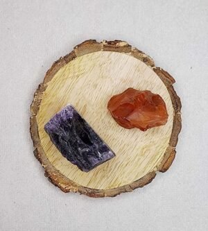 Amethyst and Carnelian AAA Grade Raw Natural Crystal Combo with Wooden Natural Bark Coaster for Healing, Meditation and Manifestation