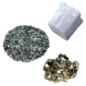 Pyrite Stone Original Certified Natural Raw Geode 40 Grams with 50 Grams Natural Labradorite Chips and 1 Natural Selenite Stone Raw Block for Healing Meditation and Manifesting Abundance