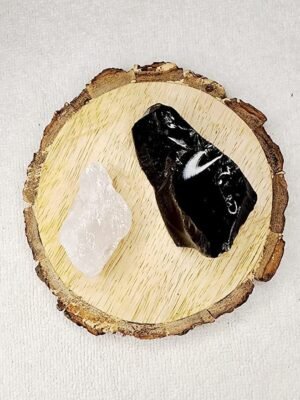 Clear Quartz and Black Obsidian AAA Grade Raw Natural Crystal Combo with Wooden Natural Bark Coaster for Healing, Meditation and Manifestation