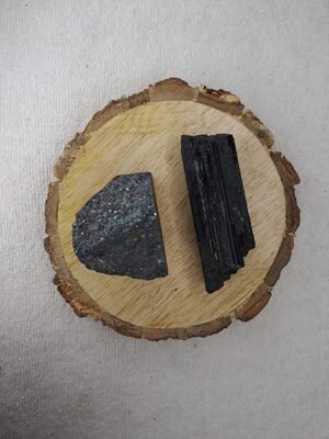 Hematite and Black Tourmaline AAA Grade Raw Natural Crystal Combo with Wooden Natural Bark Coaster for Healing, Meditation and Manifestation