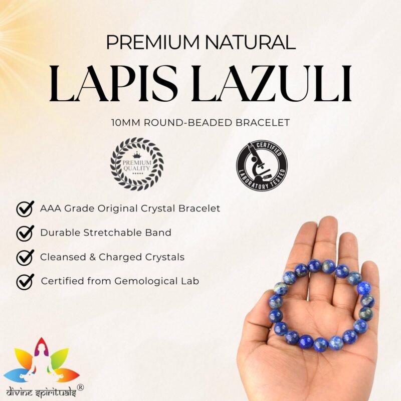 Divinity Healing Natural Lapis Lazuli Bracelet 10mm AAA Grade Stretchable Original Certfied Unisex Real Crystal Bracelet For Third Eye Chakra, Communication, Meditation & Inner Peace Chakra Healing Bracelets Abundance Stones 14