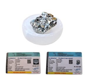 Pyrite Stone Original Certified Cluster with Selenite Bowl with White Sage Leaves for Smudging - to Power up the Stone - For Willpower and Manifesting Financial Abundance and Success