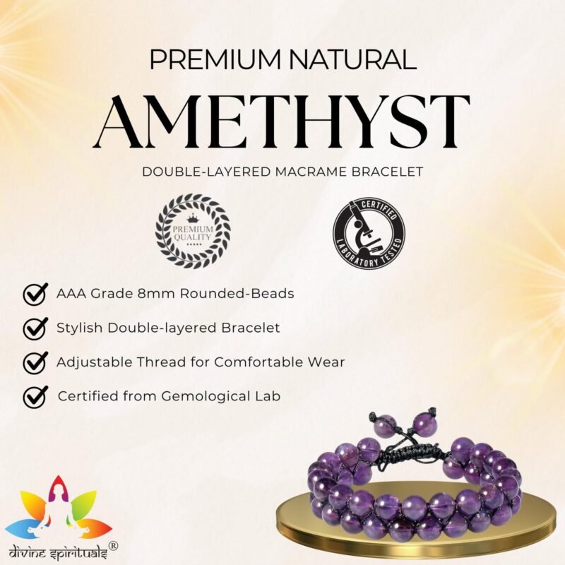 Divinity Healing Natural Amethyst Bracelet Double-layered Macrame Adjustable 8mm Lab-Certified Unisex Real Crystal Bracelet For Crown & Third Eye Chakra, Peace & Meditation Chakra Healing Bracelets Abundance Stones 12