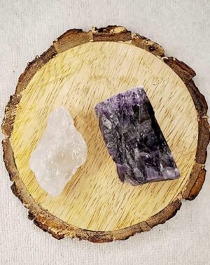 Clear Quartz and Amethyst AAA Grade Raw Natural Crystal Combo with Wooden Natural Bark Coaster for Healing, Meditation and Manifestation