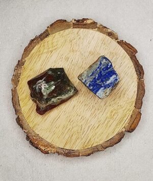 Blood Stone and Lapis Lazuli AAA Grade Raw Natural Crystal Combo with Wooden Natural Bark Coaster for Healing, Meditation and Manifestation