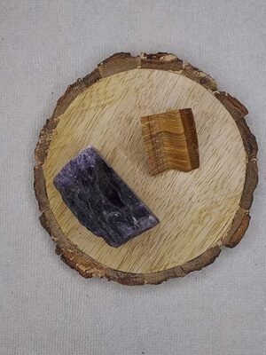 Amethyst and Tiger Eye AAA Grade Raw Natural Crystal Combo with Wooden Natural Bark Coaster for Healing, Meditation and Manifestation