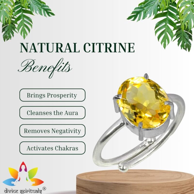 Divinity Healing Premium Citrine Diamond-Cut Natural Gemstone Ring AAA Grade Adjustable Lab-Certified Unisex Original Crystal Ring For Success, Prosperity & Wealth Crystal Gemstone Rings Abundance Stones 12