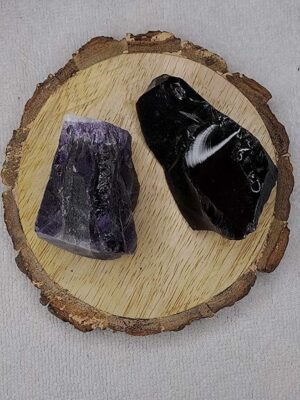 Amethyst and Black Obsidian AAA Grade Raw Natural Crystal Combo with Wooden Natural Bark Coaster for Healing, Meditation and Manifestation