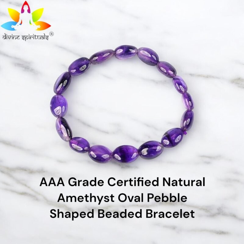 Divinity Healing Natural Amethyst Bracelet AAA Grade Certified Pebble Oval Shape Unisex Real Crystal Bracelet for Spiritual Growth, Calmness, & Intuition Chakra Healing Bracelets Abundance Stones 11