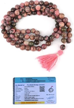 Pure Pink Rhodonite Certified Jaap Mala for Men and ;Women Natural Pure 8 mm Beads - for Yoga Reiki Meditation Feng Shui