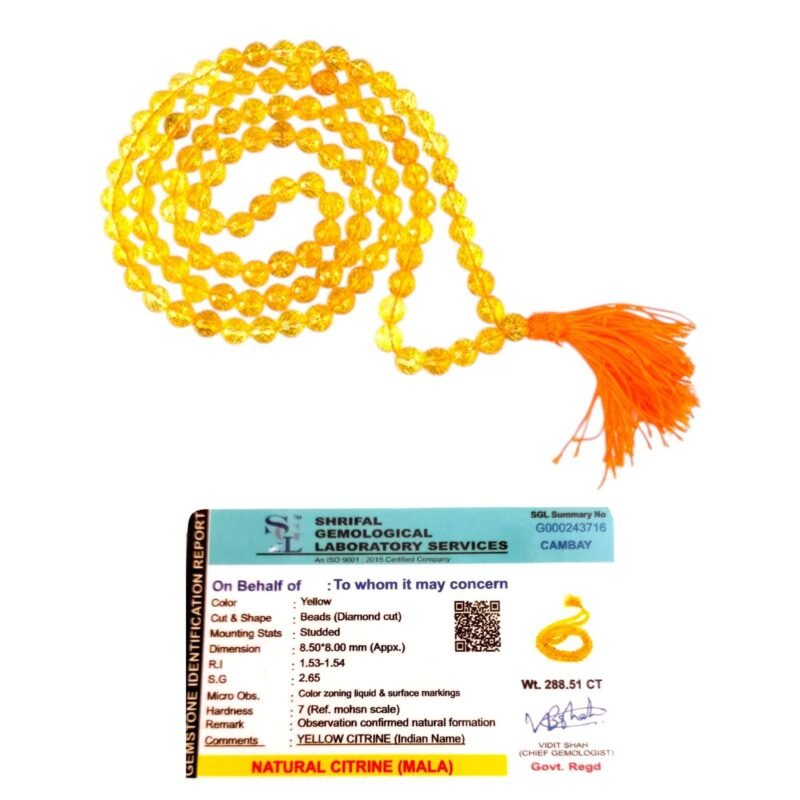 Divinity Healing Natural Citrine Gemstone (Sunela/Sunhela) Jaap Mala Premium Certified Diamond-Cut Faceted 8mm Beads 108+1 Beads Unisex Crystal Mala For Jewellery & Jaap Crystal Mala Abundance Stones 14