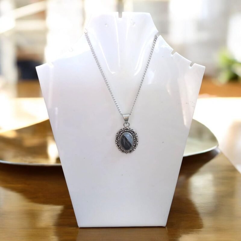 Divinity Healing Natural Sulemani Hakik (Black Agate) Pendant Unisex Certified Original Oval-shaped Pendant with German Silver Chain For Protection, Prosperity & Manifestation Crystal Jewelry Abundance Stones 9