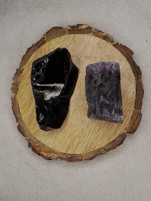 Black Obsidian and Amethyst AAA Grade Raw Natural Crystal Combo with Wooden Natural Bark Coaster for Healing, Meditation and Manifestation