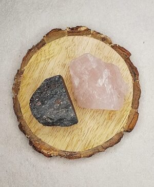 Divinity Healing Crystals Hematite and Rose Quartz AAA Grade Raw Natural Crystal Combo with Wooden Natural Bark Coaster for Healing, Meditation and Manifestation