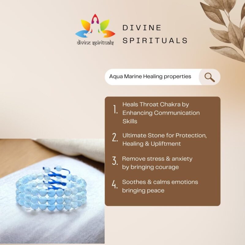 Divinity Healing Natural Aquamarine Bracelet Macrame Thread Lab Certified Original 8mm Adjustable Unisex Crystal Bracelet For Throat Chakra, Communication & Peace Chakra Healing Bracelets Abundance Stones 17