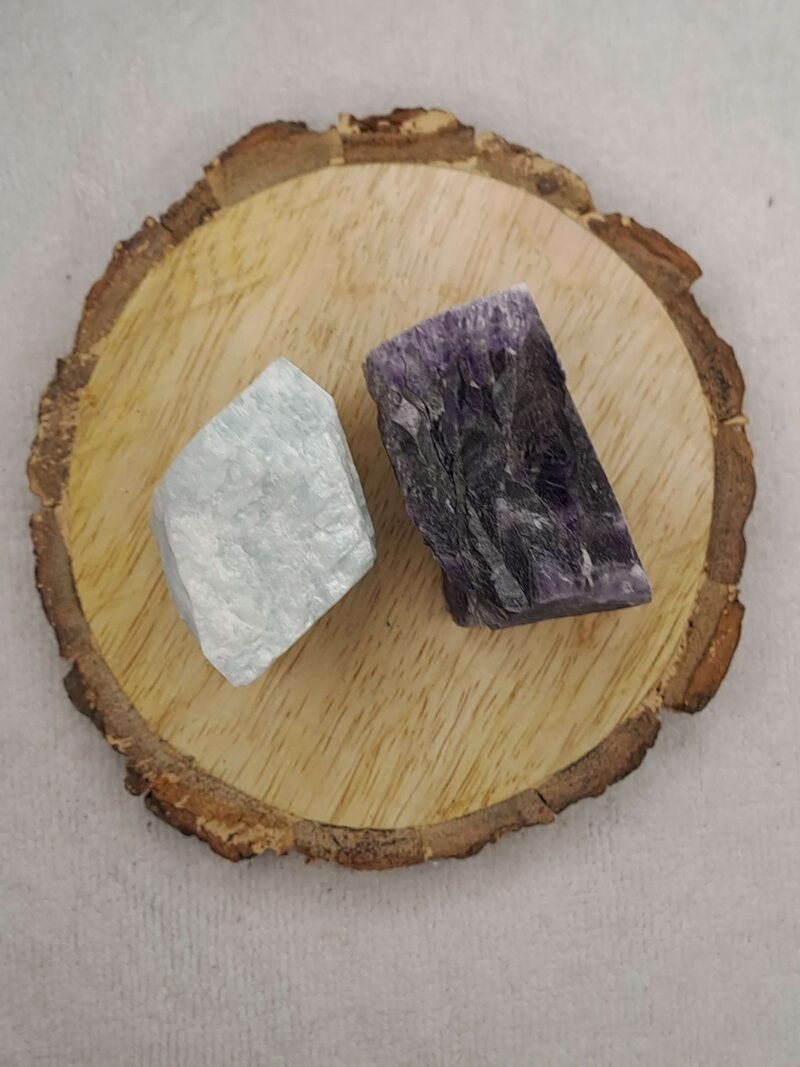 Divinity Healing Amazonite + Amethyst AAA Grade Raw Natural Crystal Combo with Wooden Natural Bark Coaster for Healing, Meditation and Manifestation Natural Healing Crystals Abundance Stones 8