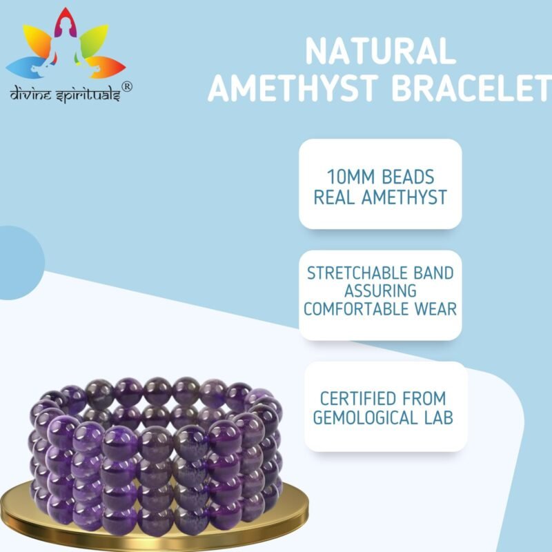 Divinity Healing Natural Amethyst Bracelet AAA Grade Certified 10mm Unisex Stretchable Original Real Crystal Bracelet For Crown Chakra, Prosperity & Manifestation Chakra Healing Bracelets Abundance Stones 12