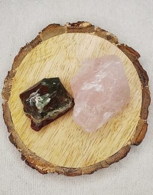 Blood Stone and Rose Quartz AAA Grade Raw Natural Crystal Combo with Wooden Natural Bark Coaster for Healing, Meditation and Manifestation