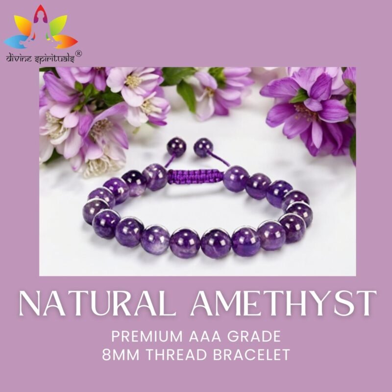 Divinity Healing Natural Amethyst Bracelet Lab-Certified AAA Grade 8mm Thread Macrame Adjustable Original Unisex Crystal Bracelet For Luck, Manifestation & Prosperity Chakra Healing Bracelets Abundance Stones 15