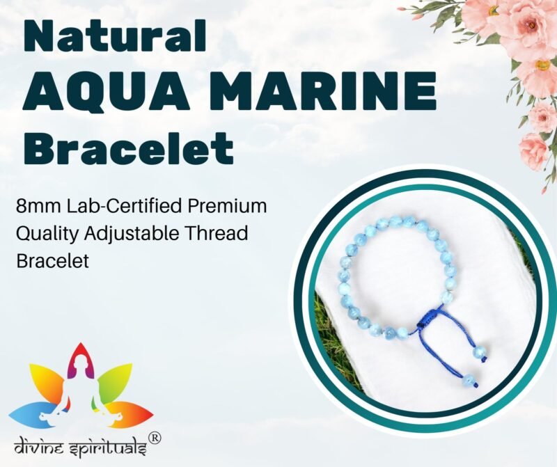 Divinity Healing Natural Aquamarine Bracelet Macrame Thread Lab Certified Original 8mm Adjustable Unisex Crystal Bracelet For Throat Chakra, Communication & Peace Chakra Healing Bracelets Abundance Stones 15