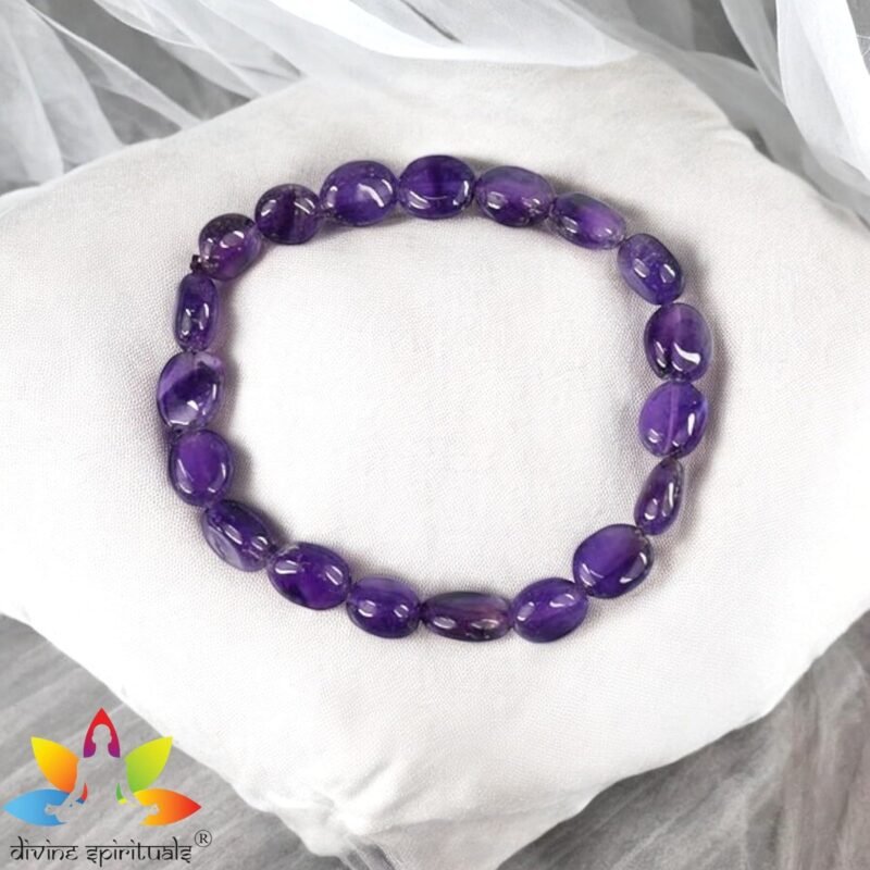 Divinity Healing Natural Amethyst Bracelet AAA Grade Certified Pebble Oval Shape Unisex Real Crystal Bracelet for Spiritual Growth, Calmness, & Intuition Chakra Healing Bracelets Abundance Stones 12