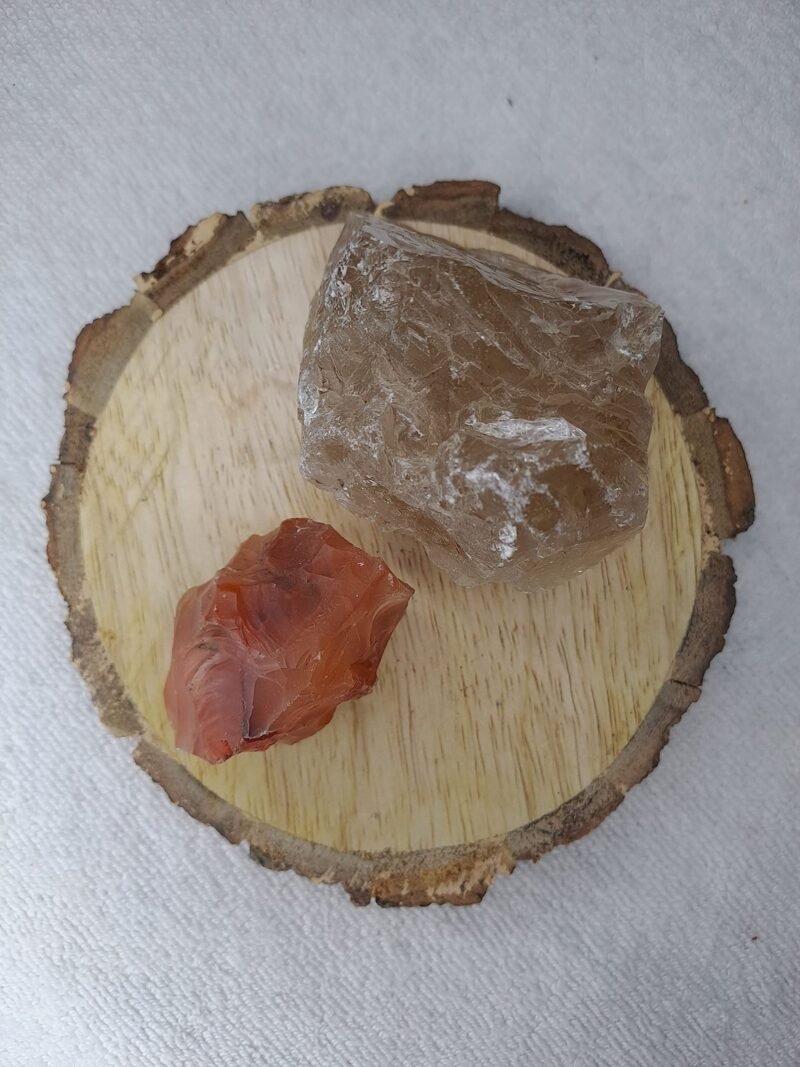 Divinity Healing Carnelian and Smoky Quartz AAA Grade Raw Natural Crystal Combo with Wooden Natural Bark Coaster for Healing, Meditation and Manifestation Natural Healing Crystals Abundance Stones 9