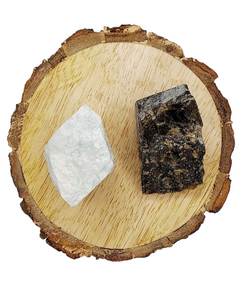 Divinity Healing Amazonite + Labradorite AAA Grade Raw Natural Crystal Combo with Wooden Natural Bark Coaster for Healing, Meditation and Manifestation Natural Healing Crystals Abundance Stones 8