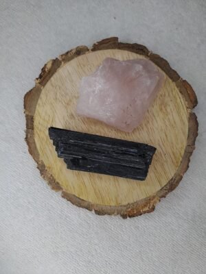Black Tourmaline and Rose Quartz AAA Grade Raw Natural Crystal Combo with Wooden Natural Bark Coaster for Healing, Meditation and Manifestation
