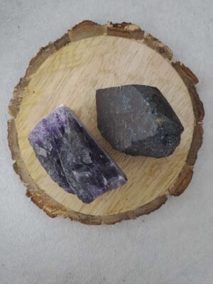 Amethyst and Hematite AAA Grade Raw Natural Crystal Combo with Wooden Natural Bark Coaster for Healing, Meditation and Manifestation