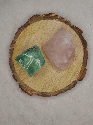 Aqua Marine Obsidian and Rose Quartz AAA Grade Raw Natural Crystal Combo with Wooden Natural Bark Coaster for Healing, Meditation and Manifestation