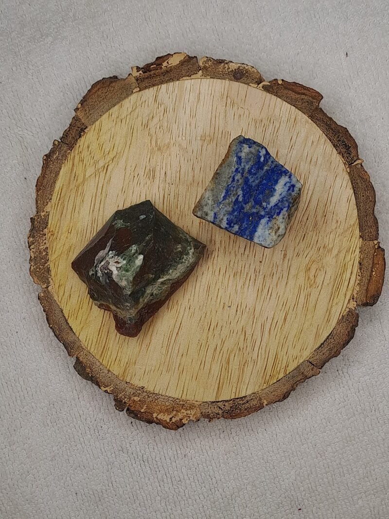 Divinity Healing Blood Stone and Lapis Lazuli AAA Grade Raw Natural Crystal Combo with Wooden Natural Bark Coaster for Healing, Meditation and Manifestation Natural Healing Crystals Abundance Stones 9