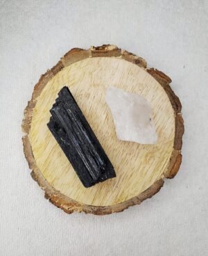 Black Tourmaline and Clear Quartz AAA Grade Raw Natural Crystal Combo with Wooden Natural Bark Coaster for Healing, Meditation and Manifestation