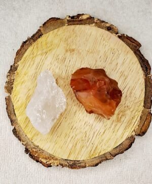 Clear Quartz and Carnelian AAA Grade Raw Natural Crystal Combo with Wooden Natural Bark Coaster for Healing, Meditation and Manifestation