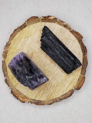 Amethyst + Black Tourmaline AAA Grade Raw Natural Crystal Combo with Wooden Natural Bark Coaster for Healing, Meditation and Manifestation