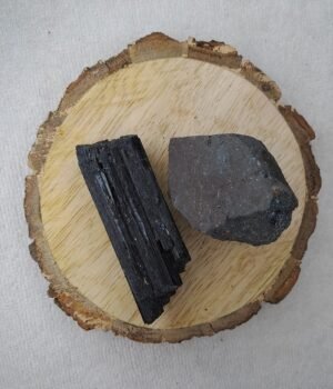 Black Tourmaline and Hematite AAA Grade Raw Natural Crystal Combo with Wooden Natural Bark Coaster for Healing, Meditation and Manifestation