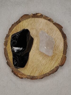 Black Obsidian and Clear Quartz AAA Grade Raw Natural Crystal Combo with Wooden Natural Bark Coaster for Healing, Meditation and Manifestation