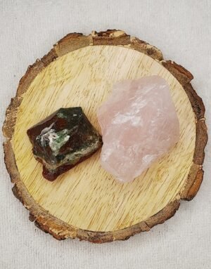 Blood Stone and Rose Quartz AAA Grade Raw Natural Crystal Combo with Wooden Natural Bark Coaster for Healing, Meditation and Manifestation