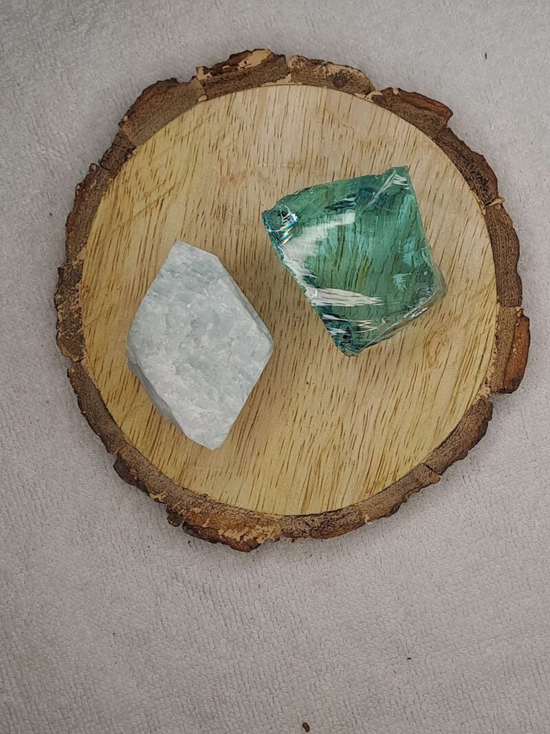 Divinity Healing Amazonite + Aqua Marine Obsidian AAA Grade Raw Natural Crystal Combo with Wooden Natural Bark Coaster for Healing, Meditation and Manifestation Natural Healing Crystals Abundance Stones 9