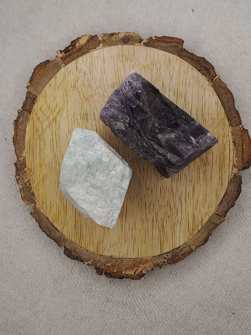 Divinity Healing Amazonite + Amethyst AAA Grade Raw Natural Crystal Combo with Wooden Natural Bark Coaster for Healing, Meditation and Manifestation Natural Healing Crystals Abundance Stones 9