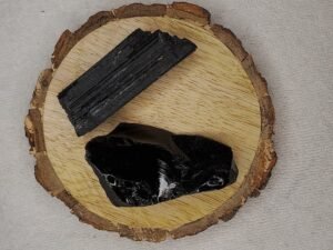Black Obsidian and Black Tourmaline AAA Grade Raw Natural Crystal Combo with Wooden Natural Bark Coaster for Healing Meditation and Manifestation