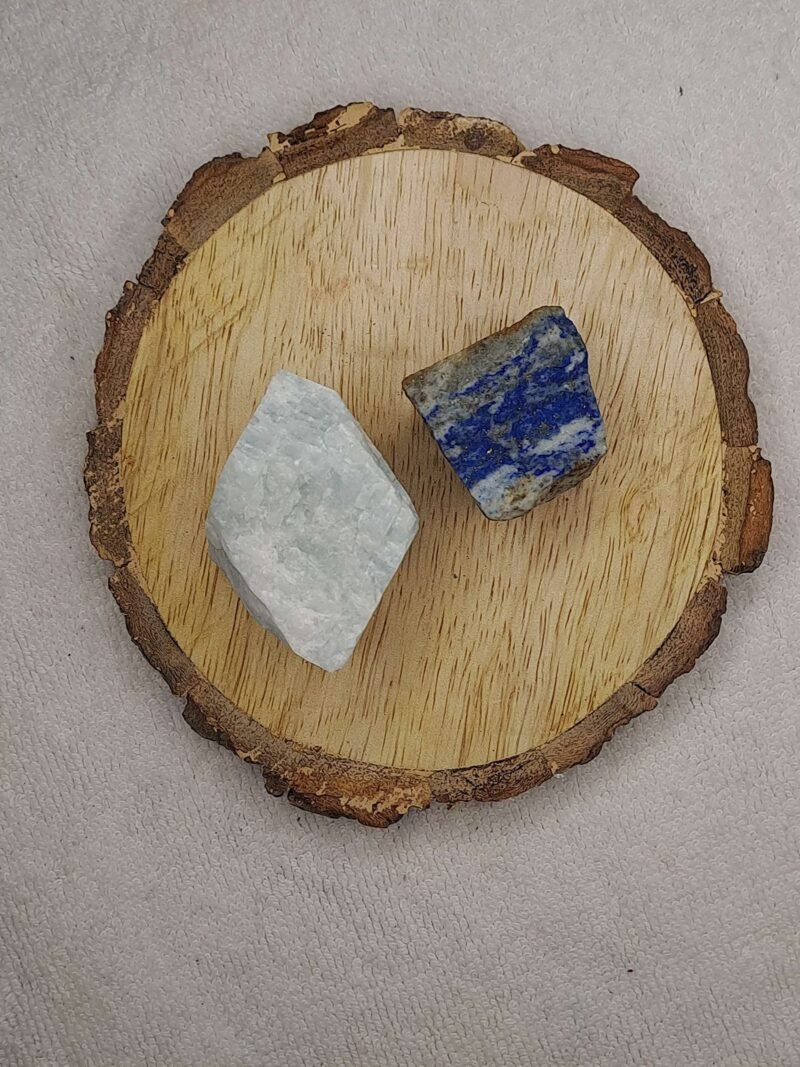 Divinity Healing Amazonite + Lapis Lazuli AAA Grade Raw Natural Crystal Combo with Wooden Natural Bark Coaster for Healing, Meditation and Manifestation Natural Healing Crystals Abundance Stones 9