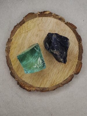 Aqua Marine Obsidian and Sodalite AAA Grade Raw Natural Crystal Combo with Wooden Natural Bark Coaster for Healing, Meditation and Manifestation