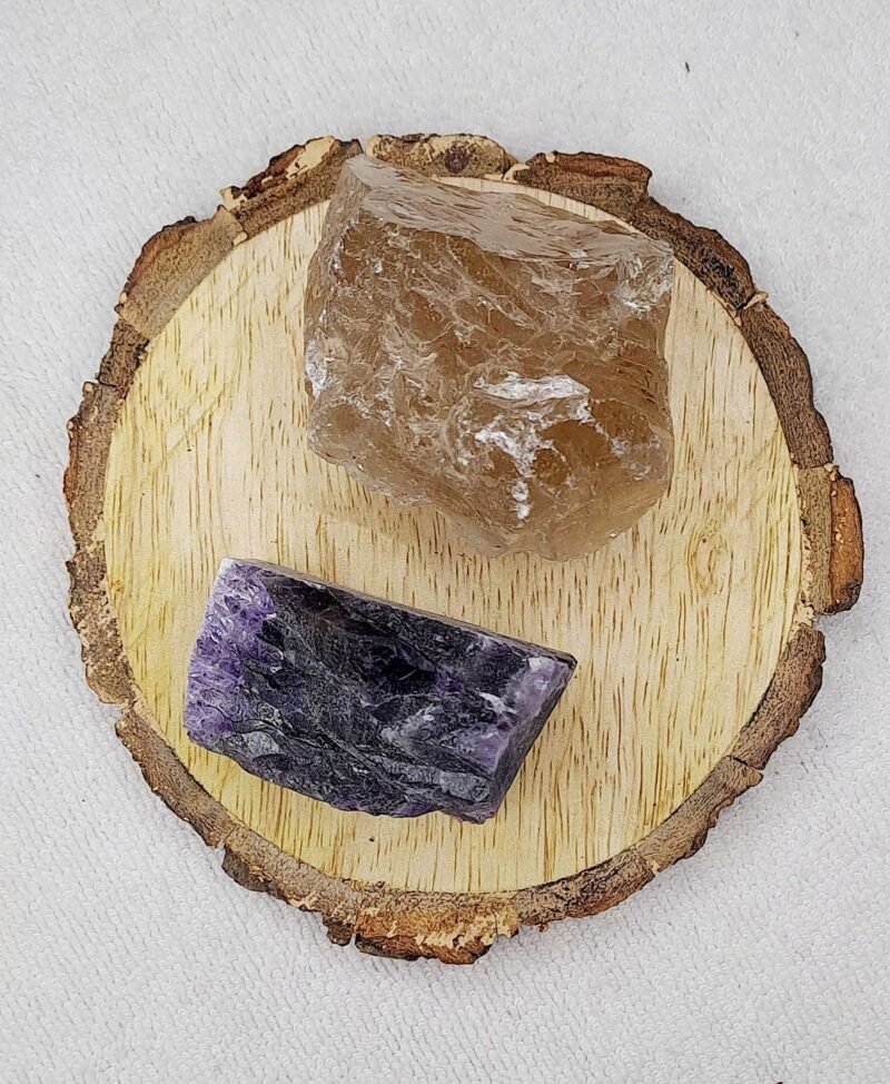 Divinity Healing Amethyst and Smoky Quartz AAA Grade Raw Natural Crystal Combo with Wooden Natural Bark Coaster for Healing, Meditation and Manifestation Natural Healing Crystals Abundance Stones 9
