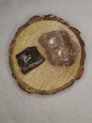 Blood Stone and Smoky Quartz AAA Grade Raw Natural Crystal Combo with Wooden Natural Bark Coaster for Healing, Meditation and Manifestation