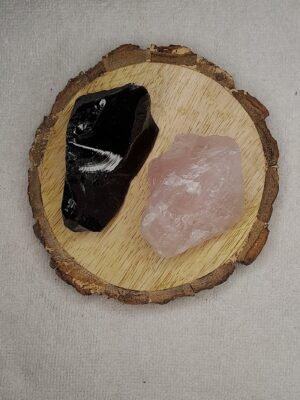 Black Obsidian and Rose Quartz AAA Grade Raw Natural Crystal Combo with Wooden Natural Bark Coaster for Healing, Meditation and Manifestation