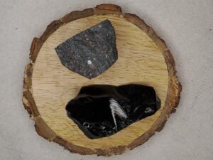 Black Obsidian and Hematite AAA Grade Raw Natural Crystal Combo with Wooden Natural Bark Coaster for Healing, Meditation and Manifestation