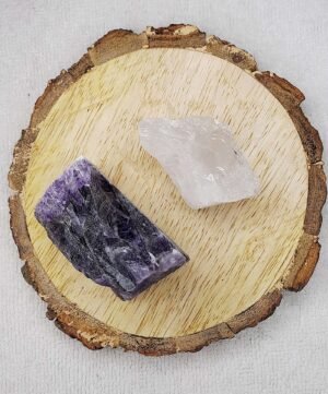 Amethyst and Clear Quartz AAA Grade Raw Natural Crystal Combo with Wooden Natural Bark Coaster for Healing, Meditation and Manifestation