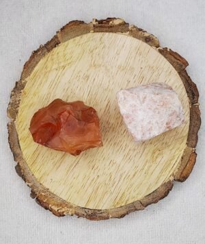 Carnelian and Sunstone Raw Natural Crystal Combo with Wooden Natural Bark Coaster for Healing Meditation and Manifestation