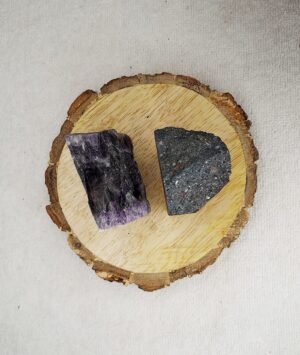 Hematite and Amethyst AAA Grade Raw Natural Crystal Combo with Wooden Natural Bark Coaster for Healing, Meditation and Manifestation