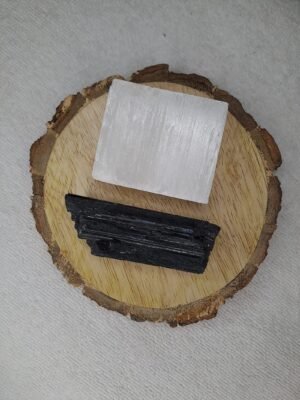 Black Tourmaline and Selenite AAA Grade Raw Natural Crystal Combo with Wooden Natural Bark Coaster for Healing, Meditation and Manifestation